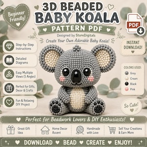 Könnte beinhalten: Ein digitales PDF-Muster für einen 3D-Perlen-Babykoala. Der Koala ist grau mit einem cremefarbenen Bauch und Innenohren, schwarzen Augen und Nase sowie rosa Wangen. Das Bild enthält Textbeschriftungen für Schritt-für-Schritt-Anleitungen.