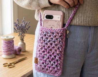 2 Crochet Phone Bag with Long Strap, Boho Cell Phone, Hand Knit Smartphone Pouch.