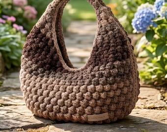 Crochet Bobble Stitch Hobo Bag, Ombre Shoulder, Tones Bohemian Tote, Textured Purse for Women.