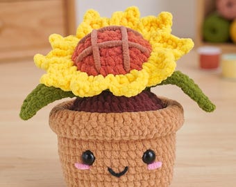 Crochet Sunflower Amigurumi in Pot, Potted Flower Desk Decor, Handmade Chenille Sunflower, Kawaii Plant.