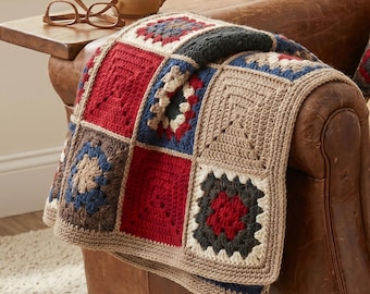 Granny Square Crochet Blanket, Colorful Throw for Bed, Rustic Afghan, Easy Blanket Pattern.