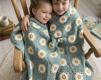 Crochet Daisy Granny Square Blanket, Children’s Blanket, Sunflower Afghan, Baby Blanket, Folral Vintage Style.