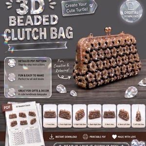 Puede incluir: Un patrón de descarga digital para un bolso de mano con cuentas 3D con un marco de oro rosa y un patrón floral de cuentas negras y transparentes. La imagen incluye texto como 3D BEADED CLUTCH BAG, DETAILED PDF PATTERN y BEAD IT. LOVE IT. SHOW IT OFF!