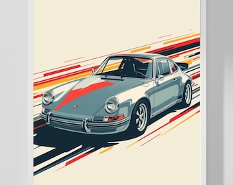 Retro Porsche 911 Art Print, Vintage Car Illustration.