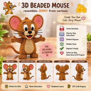 May include: A 3D beaded mouse figure with brown and tan beads, large pink-centred ears, black eyes, and a nose. The image includes text: 3D BEADED MOUSE, resembles JERRY from cartoon, Create Your Own Cute Jerry Mouse!, Instant Download, Step-by-Step Instructions.