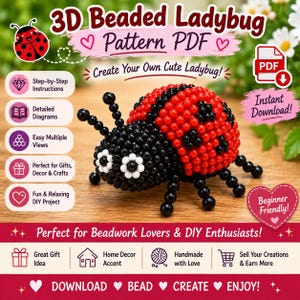 Op de afbeelding: Een 3D-lieveheersbeestje knutselproject van kralen, getoond in een PDF-patroon. Het lieveheersbeestje is gemaakt van kleine zwarte en rode kralen met witte en zwarte oogdetails. De afbeelding bevat de tekst: 3D Beaded Ladybug Pattern PDF, Instant Download.