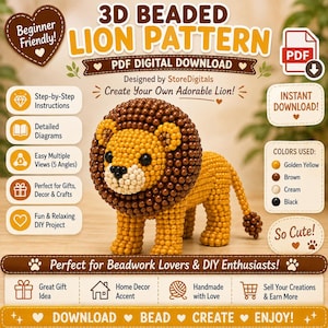 Może przedstawiać: Cyfrowy wzór PDF na lwa z koralików 3D ze złotym ciałem i brązową grzywą. Grafika zawiera tekst, taki jak 3D BEADED LION PATTERN, PDF DIGITAL DOWNLOAD, oraz listę użytych kolorów: złoty żółty, brązowy, kremowy i czarny.