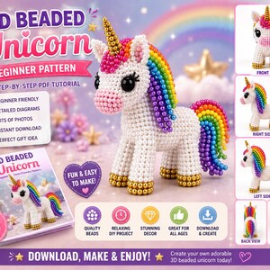 Puede incluir: Un patrón de manualidades de unicornio con cuentas 3D que presenta un cuerpo blanco, cascos dorados y una crin y cola de colores del arcoíris. El tutorial incluye instrucciones paso a paso, diagramas detallados y fotos. El texto incluye 3D BEADED Unicorn BEGINNER PATTERN, STEP-BY-STEP PDF TUTORIAL y FUN & EASY TO MAKE.
