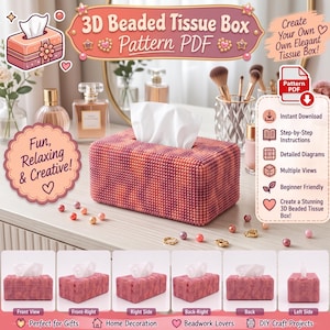 May include: A rectangular tissue box covered in a dense, textured pattern of small, multi-tonal pink and orange beads. The box features a central opening with white tissues emerging from the top. The design is presented as a 3D Beaded Tissue Box Pattern PDF.