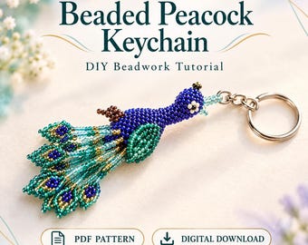Beaded Peacock Keychain PDF Pattern, DIY 3D Bird Beadwork Tutorial