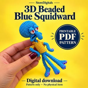 Könnte beinhalten: Eine 3D-Perlenfigur eines blauen Charakters mit großem Kopf, roten Augen und gelbem Hemd. Der Text lautet StoreDigitals, 3D Beaded Blue Squidward, PRINTABLE PDF PATTERN und Digital download. Nur das Muster, kein physischer Artikel.