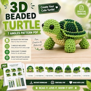 Puede incluir: Un patrón PDF de tortuga en 3D con cuentas que muestra una figura de tortuga de cuentas verdes y crema con ojos negros. La descarga digital incluye instrucciones paso a paso, siete ángulos de la tortuga y una guía imprimible.