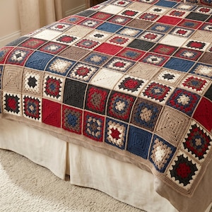 Manta de ganchillo cuadrada estilo abuela, manta bohemia colorida para el sofá, manta rústica de patchwork, ropa de cama vintage.