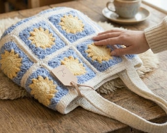 Crochet Granny Square Tote Bag Pattern, Sunflower Market Bag, Patchwork Summer Purse, Beginner Friendly.