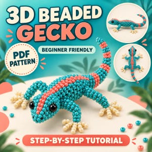 Könnte beinhalten: Ein 3D-Perlen-Gecko-Bastelprojekt mit einem türkisfarbenen und korallenfarbenen Streifenmuster, cremefarbenen Füßen und schwarzen Augen. Das Bild enthält den Text 3D BEADED GECKO, BEGINNER FRIENDLY, PDF PATTERN und STEP-BY-STEP TUTORIAL mit losen Perlen.