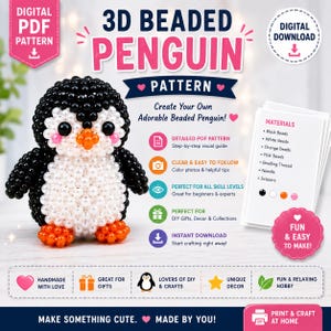 Puede incluir: Un patrón PDF digital para un pingüino de cuentas 3D. La imagen muestra un pequeño pingüino hecho de cuentas negras, blancas, naranjas y rosas. El texto incluye 3D BEADED PENGUIN PATTERN, una lista MATERIALS y una guía visual paso a paso.