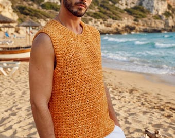 Crochet Sleeveless Tee Pattern | Mustard Knit Tank Top | Boho Sleeveless Pullover | Cozy Minimalist Fashion
