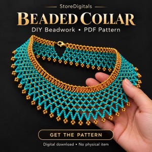 Peut inclure: Un collier à collerette perlé avec un motif géométrique de perles turquoise et or métallique. Le texte indique StoreDigitals BEADED COLLAR DIY Beadwork PDF Pattern et GET THE PATTERN. Il s'agit d'un téléchargement numérique de patron.