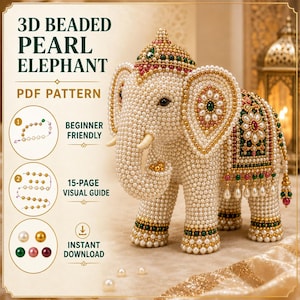 3D-pärleelefant PDF-mönster, handledning för pärleelefantpärlor, steg-för-steg-djur med fröpärlor, nybörjare