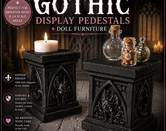 Gothic Gargoyle Pedestals Set | Monster High Display Stands | 1:6 Scale Doll Props | Black Decor