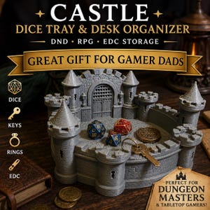 May include: A gray castle-shaped dice tray and desk organizer. The tray features turrets, a gate, and a central platform. The image includes dice, a key, and a coin. Text on the image reads "Castle", "Dice Tray & Desk Organizer", and "Great Gift for Gamer Dads."