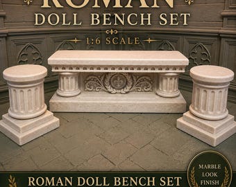 Roman Doll Bench Set With Pedestals 1:6 Scale | Marble Look Furniture | Barbie Monster High Dollhouse Decor | Miniature Diorama Bench