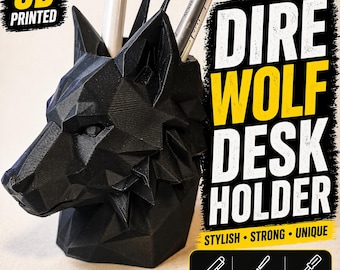 Dire Wolf Desk Holder – 3D Printed Pen Holder, Gothic Pencil Cup, Brush & Tool Organizer, Fantasy Desk Decor