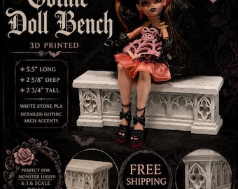 Gothic Doll Bench | Monster High Furniture | 1:6 Scale Display Seat | White Stone Miniature Decor