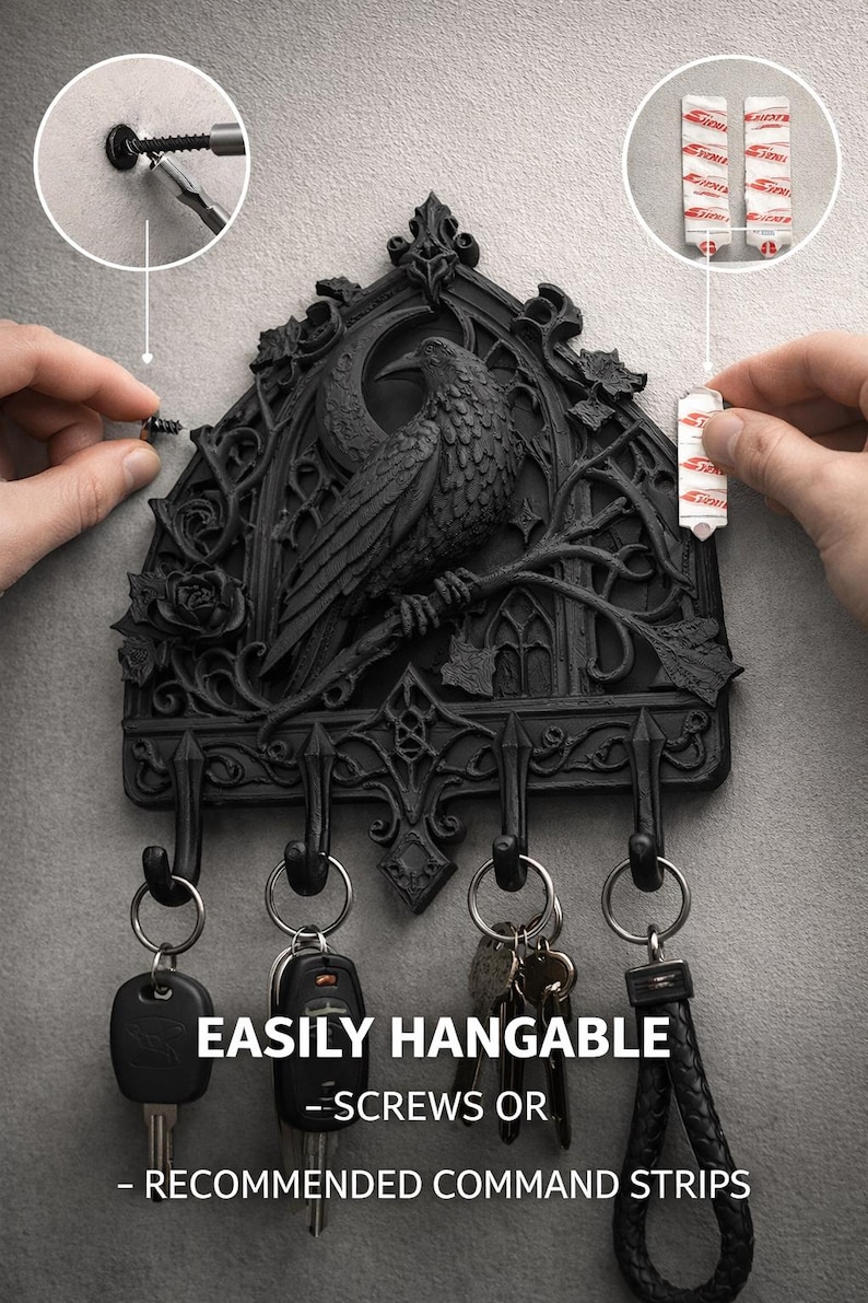 Gothic Raven Key Hook | Dark Academia Key Holder, Matte Black Entryway ...