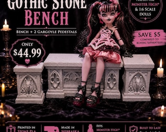 Gothic Stone Bench & Gargoyle Pedestal Set | Monster High Furniture | 1:6 Scale Doll Display | Gothic Decor | Vampire Collector Shelf