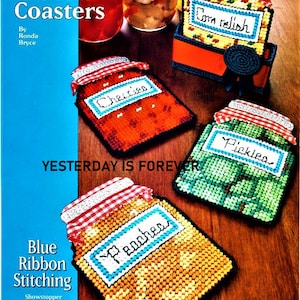 Plastic Canvas Patterns Farmhouse Country Kitchen CANNING JAR COASTERS Instant Digital Download Free Shipping