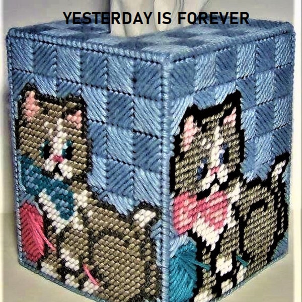 Plastic Canvas Pattern PLAYFUL KITTY Quilted Style Tissue Box Cover Instant Digital Download Free Shipping