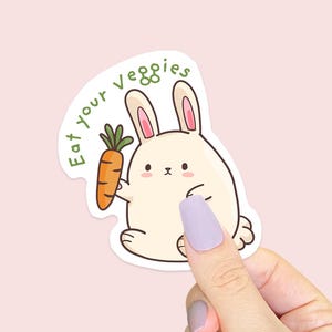 Sticker lapin mange tes légumes - Sticker vinyle kawaii dessiné à la main, sticker lapin, sticker végétarien, stickers déco, sticker kawaii pastel
