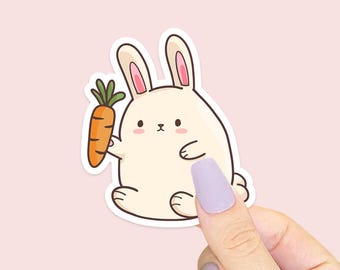 Cute Bunny Holding Carrot Sticker, Hand-Drawn Kawaii Vinyl Decal for Laptop, Water Bottle, Lunchbox, Journal, Scrapbooking & More