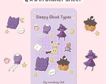 Sleepy Ghost Type Pokes Sticker Sheet for Halloween - Hand Drawn Cute Spooky Sticker Sheet for Gamer Girlies, Cute Purple Aesthetic Stickers