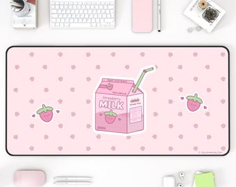 Tapis de bureau rose kawaii - Tapis de souris esthétique, lait fraise, joli tapis de souris de jeu pour joueurs et étudiants, grand tapis de bureau pour clavier et ordinateur portable