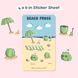 May include: A 4 x 6 inch sticker sheet featuring beach-themed illustrations. The design includes cartoon frogs, beach umbrellas, sand buckets, and a striped beach towel. The text "BEACH FROGS" and "Shy Homebody Club" are also present.
