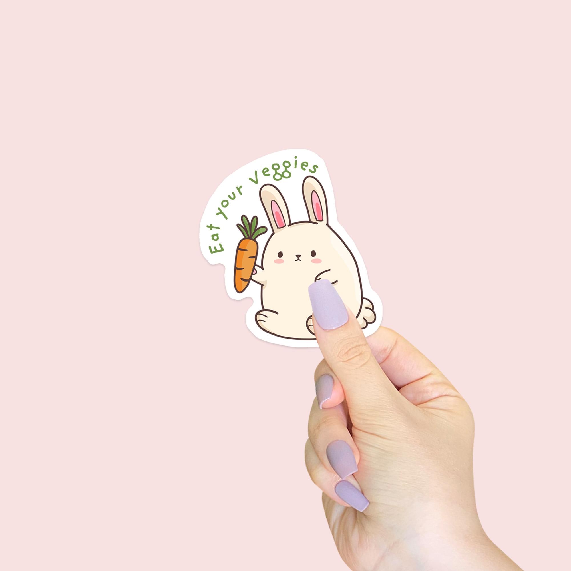 Cute Bunny Eat Your Veggies Sticker - Hand-Drawn Kawaii Vinyl Sticker, Bunny Sticker, Veggie Sticker, Deco Stickers,Pastel Kawaii Sticker