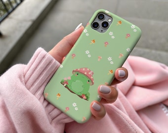 Kawaii Frog Mushroom Phone Case: Pastel Green Cottagecore Tough iPhone Case