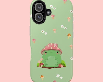 Kawaii Frog Mushroom iPhone Case: Pastel Green Cottagecore Tough Case