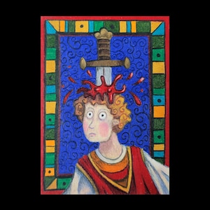 May include: Illustration of a person with curly red hair and a surprised expression, with a sword piercing their head. The artwork features a blue background with swirling patterns and a colorful border.