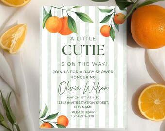 Faire-part pour baby shower Une petite mignonne, Thème orange des agrumes, Baby shower non sexiste, Modèle canevas modifiable, Tags de remerciement gratuits