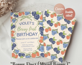 Berry First Birthday Invitation Template, Mixed Berry Party Invite, Editable First Birthday Invitation, Free Thank You Tag