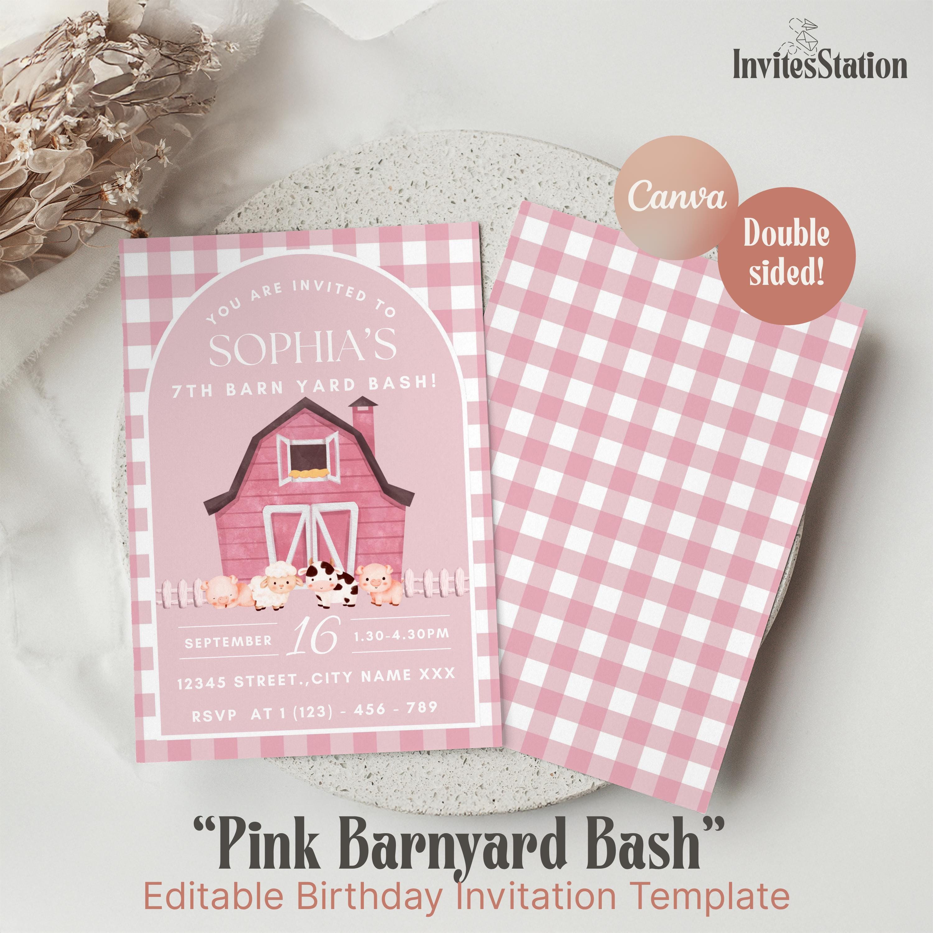 Pink Barnyard Birthday Invitation, Editable Girl Farm Birthday Party Invite, Barnyard Birthday Template, Free Thank You Tag