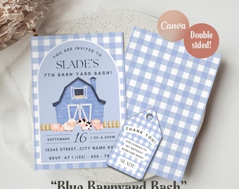 Blue Barnyard Birthday Invitation, Editable Girl Farm Party Invite, Barnyard Birthday Template, Free Thank You Tag