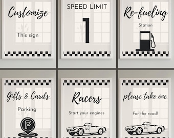Fast One Birthday Signs, Neutral Race Car First Birthday Decorations, Editable Racing Party Signs 8x10, Black and White Car Party Printable