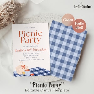 Summer Picnic Birthday Invitation, Editable Canva Template, Free Thank You Tags