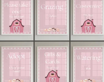 Pink Barnyard Birthday Signs, Farm Animal Party Sign Bundle, Editable Girl Birthday Decor, 8x10 Printable, Pink Cow Birthday, Custom Signs