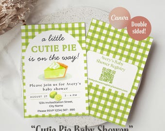 Cutie Pie Baby Shower, Key Lime Baby Shower Invitation Template, Summer Gingham Invite, Editable Canva Template with Free Thank You Tags