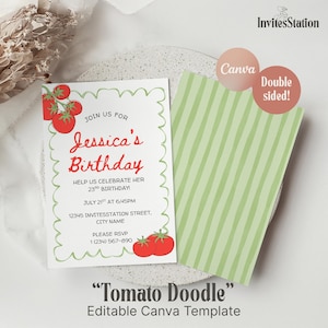 Invitación de cumpleaños de tomate, invitación de fiesta de verano de chica tomate, plantilla editable de Canva, tema de mercado de agricultores, etiquetas de agradecimiento gratuitas